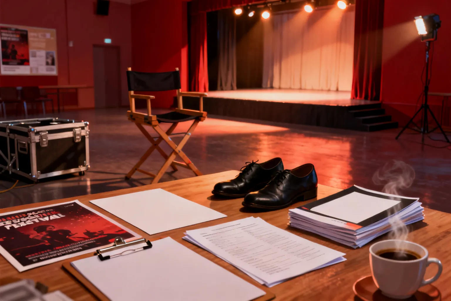 Wieczorne przygotowania do lokalnego festiwalu teatralnego: stolik z materiałami, puste krzesło reżysera i mała scena w gotowości.