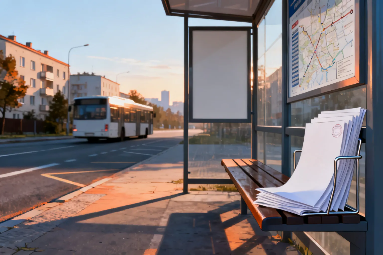 Pusta wiata przystankowa z pustym rozkładem i schowanym planem tras, autobus odjeżdża w porannym świetle miejskiej ulicy.