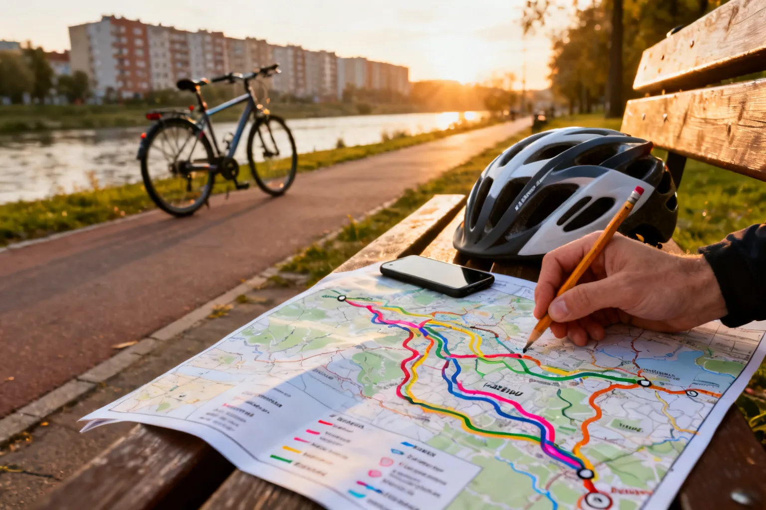 Mapa rowerowa Lublina na ławce, kask i smartfon obok; ręka wskazuje trasę, w tle rozmyta nadwiślańska alejka i rowery.