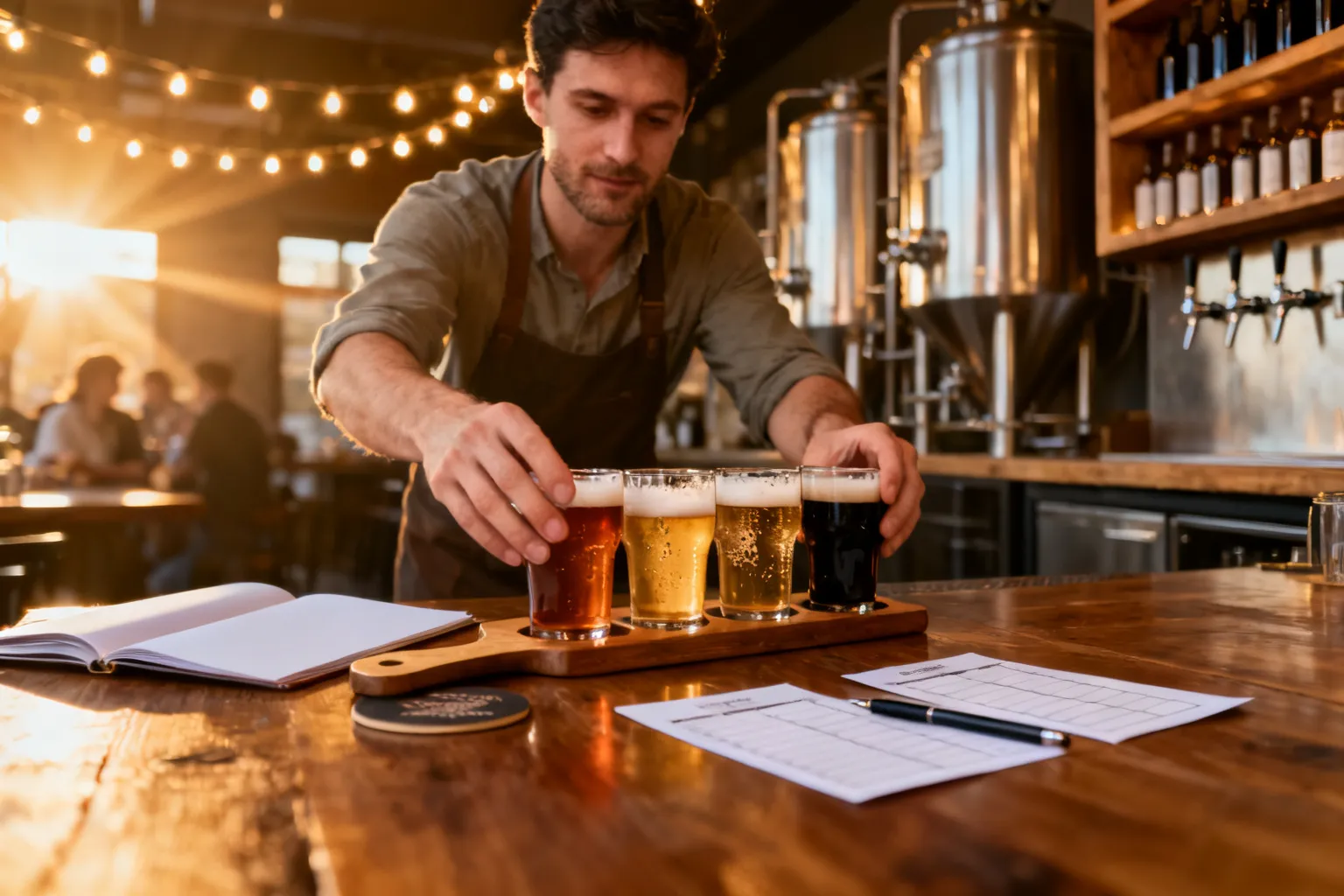 Bliska scena stolika w lubelskim taproomie z deską degustacyjną czterech piw, notatnikiem i barmanem podającym kolejny kieliszek, ciepłe światło.