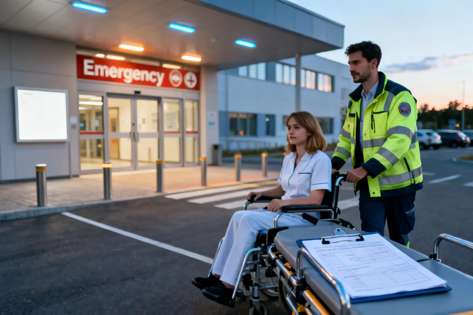 Wejście do SOR-u w Lublinie: ratownik prowadzi pacjentkę na wózku obok noszy, przy wejściu stoi ambulansowe podjazd, tablica informacyjna pusta.
