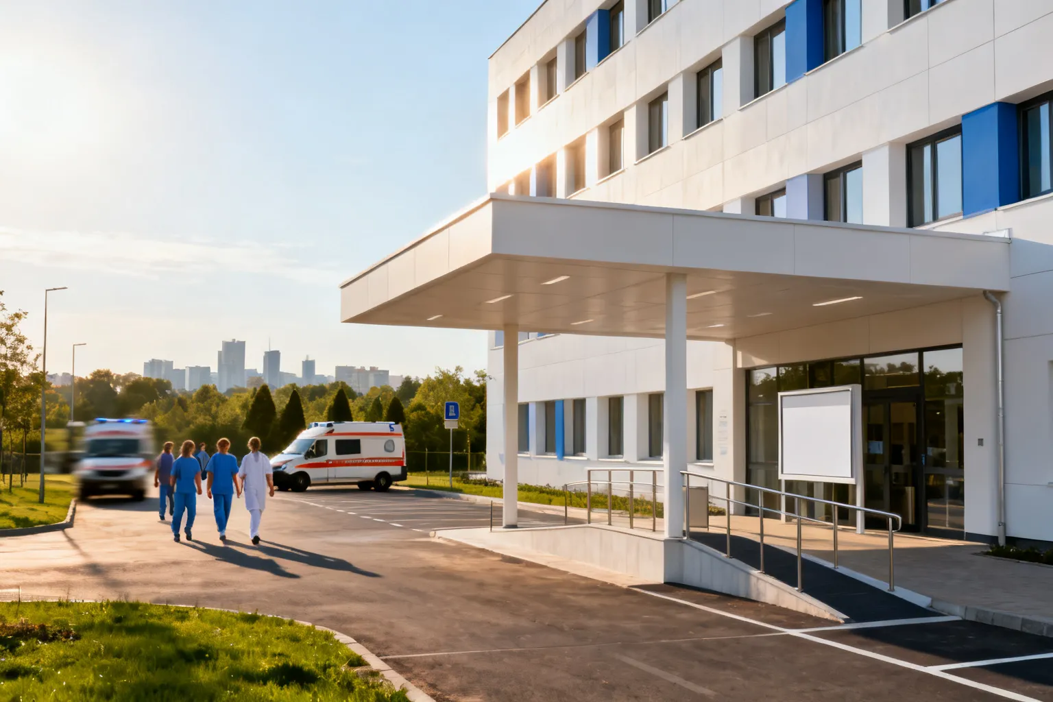 Widok nowoczesnego szpitala w Lublinie z wejściem, pochylnią i ruchem personelu i ambulansów, sugerujący dostępność i opiekę.