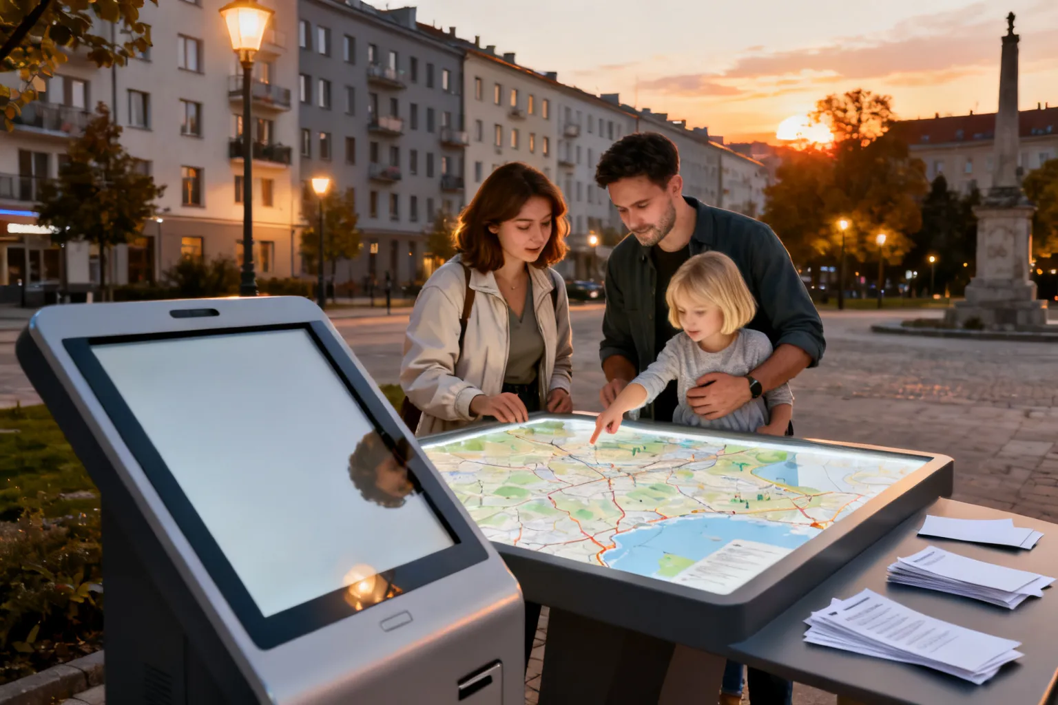 Interaktywny kiosk informacyjny i rodzina przy stoliku z mapą na nowoczesnym placu w Lublinie, wieczorne ciepłe światło.