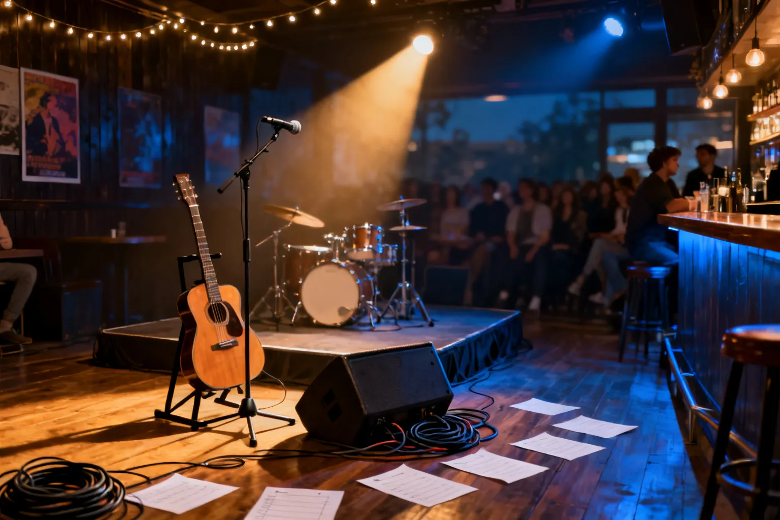 Wnętrze kameralnego klubu muzycznego z pustą sceną, mikrofonem i gitarą, ciepłym oświetleniem i rozmytą widownią w tle.