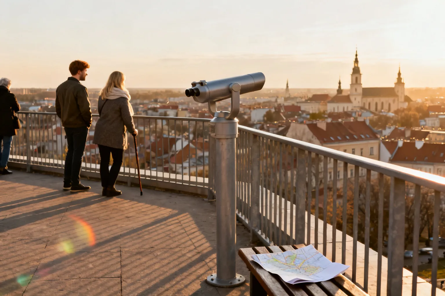 Taras widokowy o zachodnim świetle, metalowe barierki i luneta, turyści podziwiający panoramę spokojnych lubelskich dachów.
