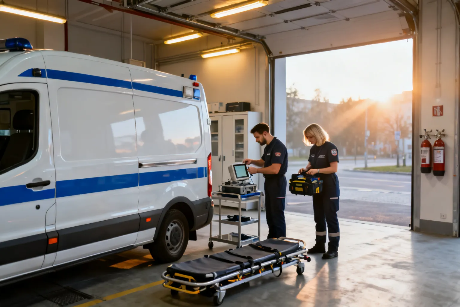 Ambulans i ratownicy przygotowujący sprzęt w zatoczce pogotowia — scena poranna w miejskiej stacji ratunkowej w Lublinie.
