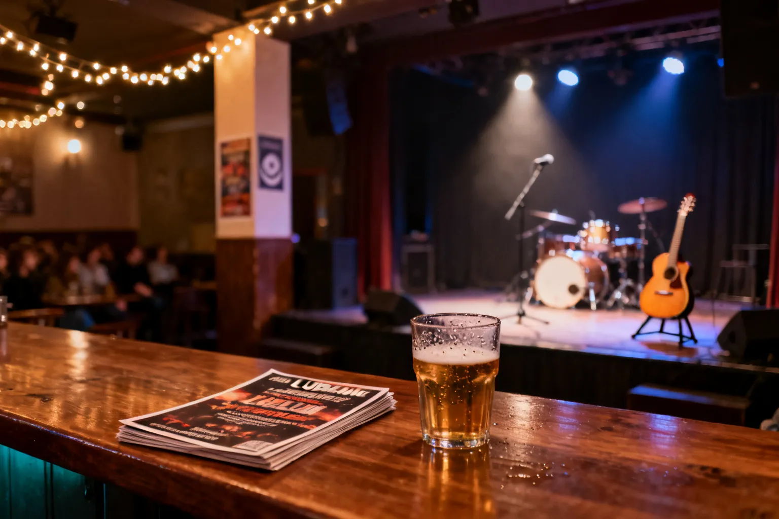 Intymne wnętrze klubu w Lublinie: bar z kuflem piwa i plakatami, scena z perkusją i gitarą gotowa na koncert.
