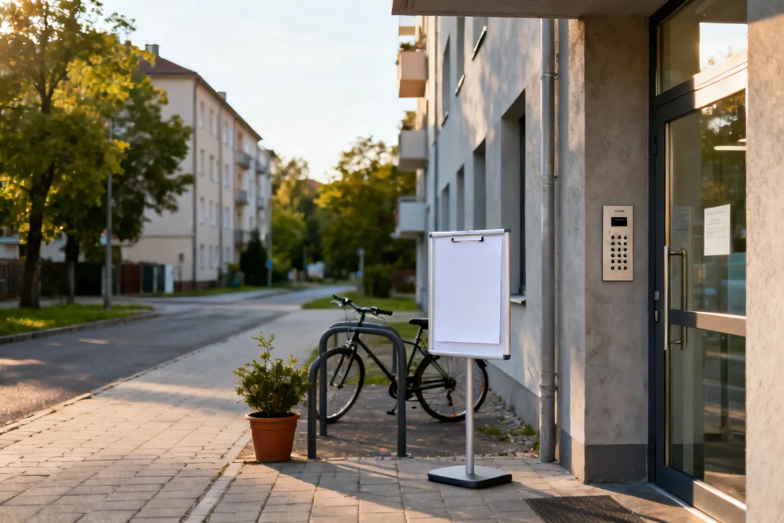 Wejście do nowoczesnej przychodni POZ w spokojnej dzielnicy: szklane drzwi, panel domofonu, stojak z formularzami i stojak na rower.