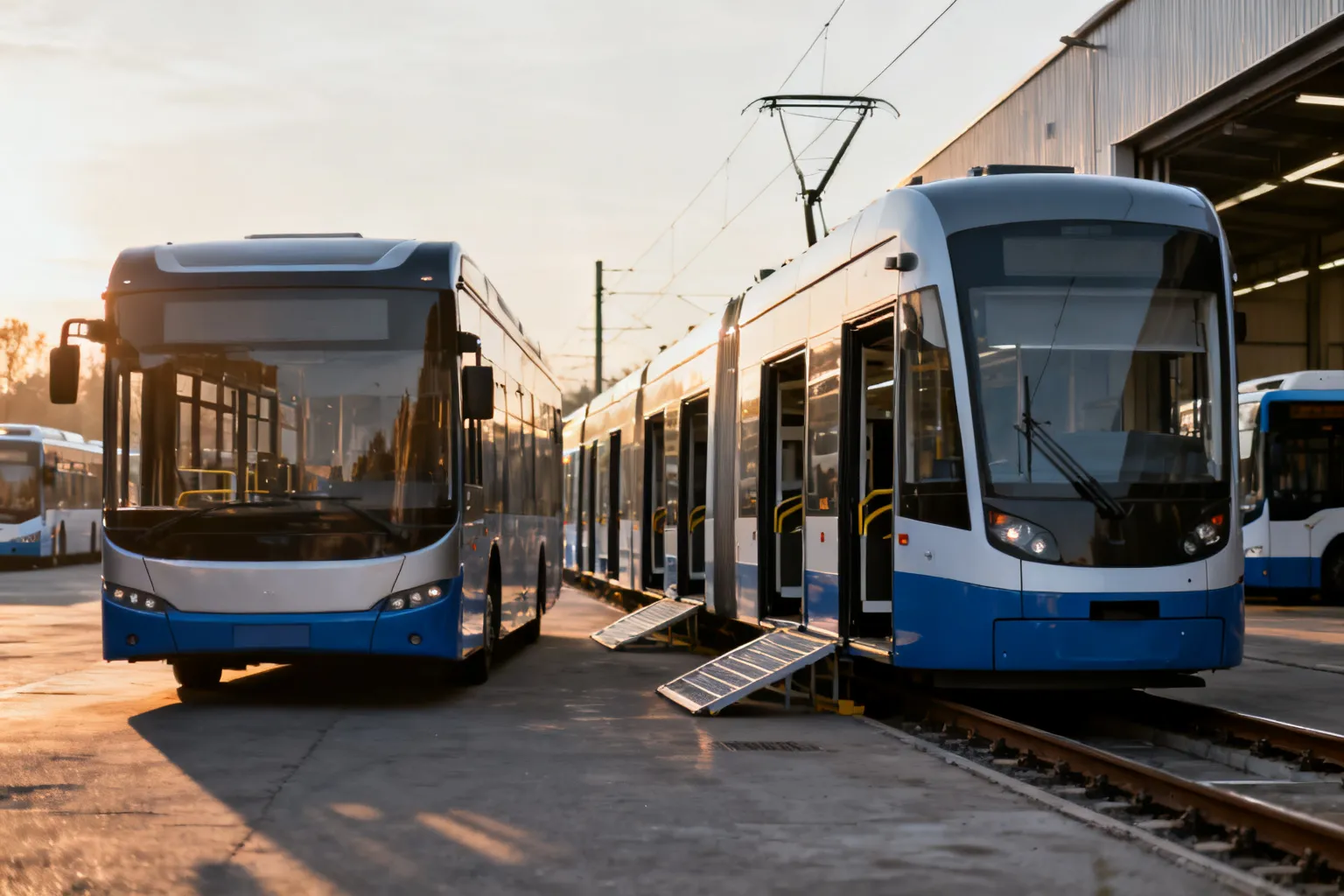 Nowoczesny zajezdnia MPK Lublin z niskopodłogowym autobusem i tramwajem ustawionymi obok, w ciepłym porannym świetle