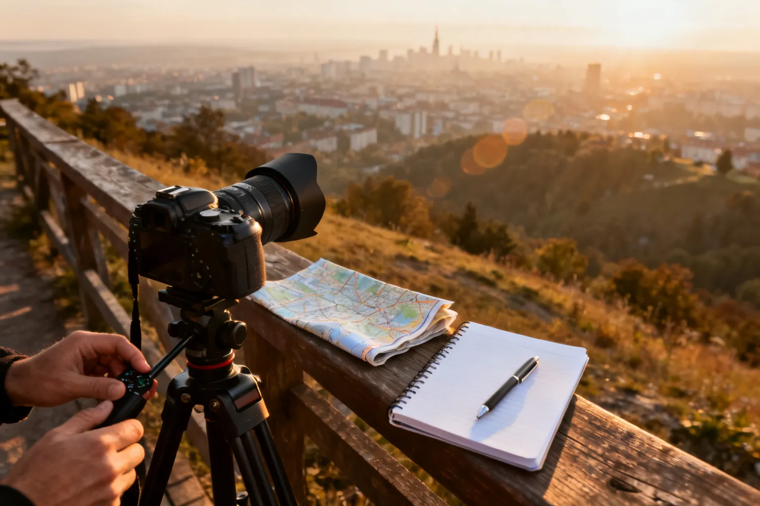 Tripod z szerokokątnym obiektywem i fotografem ustawiającym parametry na tle złocistej panoramy Lublina, na barierce mapa i notes.