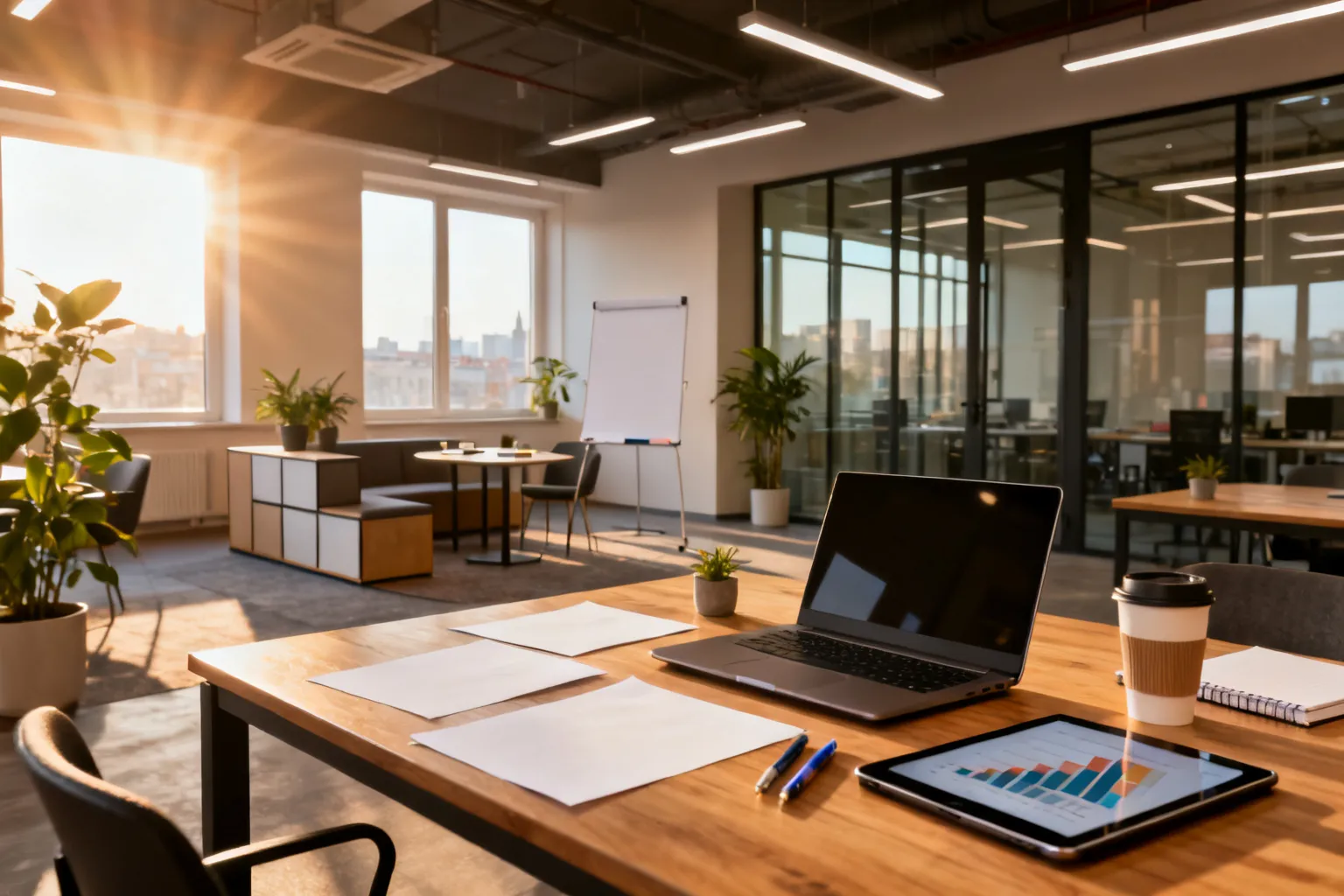 Wnętrze nowoczesnego hubu coworkingowego w Lublinie z biurkiem, laptopem, tabletem z wykresami i przestrzenią spotkań, symbolizujące lokalny ekosystem innowacji