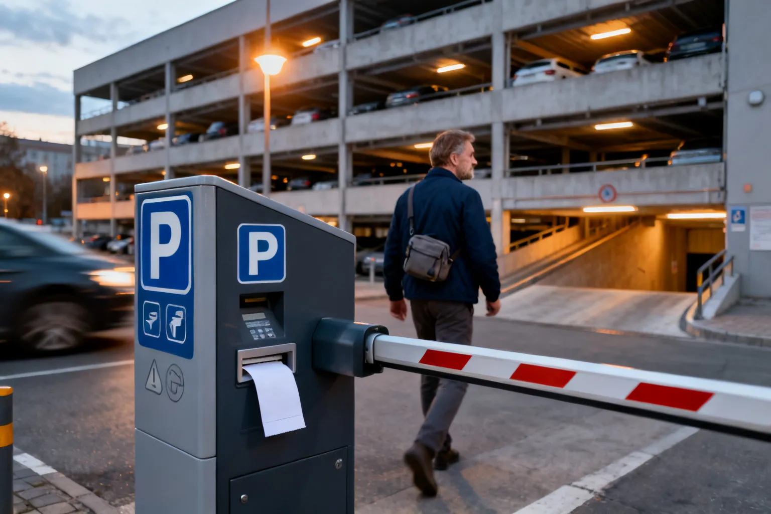 Wejście do miejskiego parkingu z parkomatem i szlabanem; mężczyzna odchodzi w stronę rampy, wieczorne ciepłe światło.