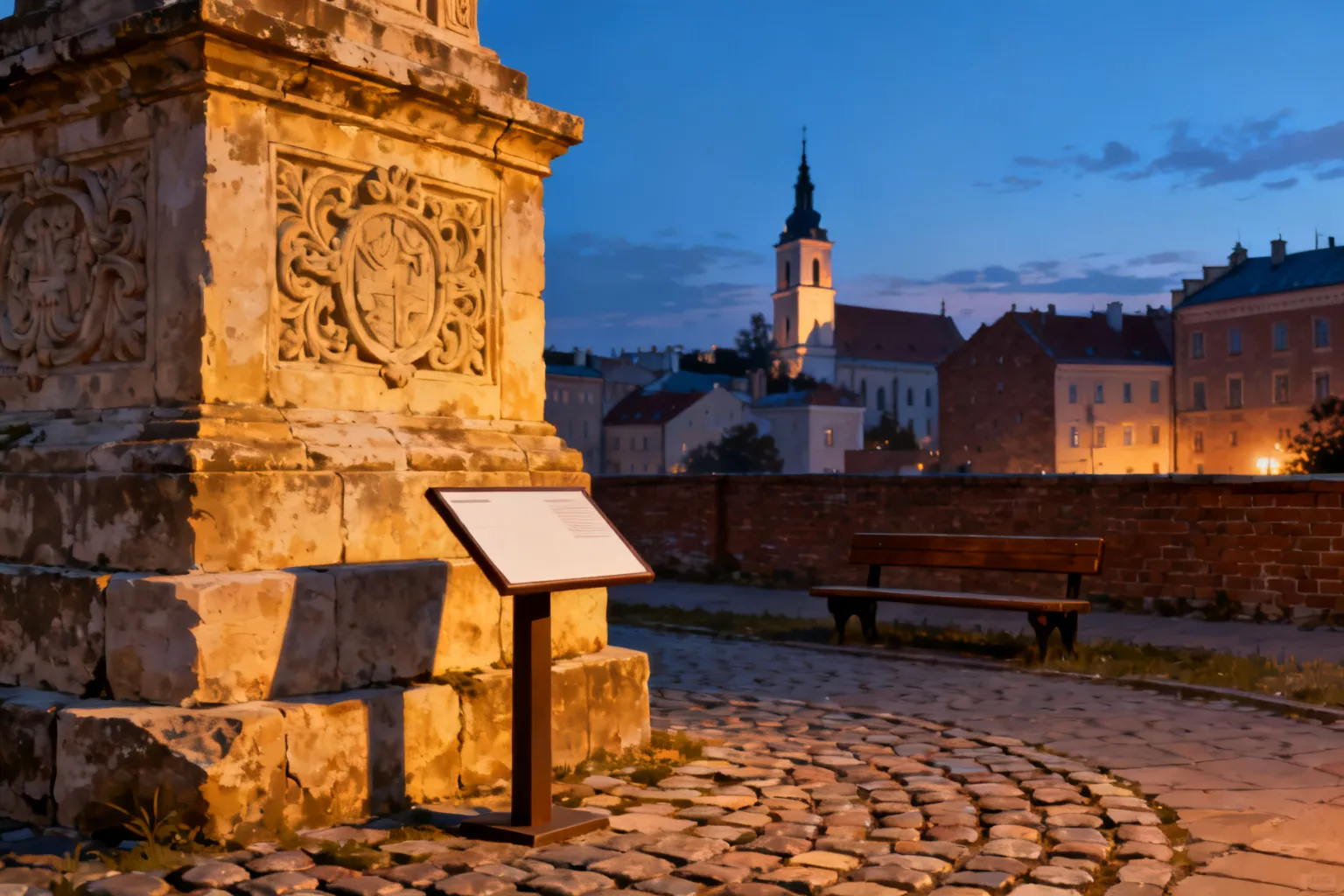 Drewniana ławka przy brukowanym trakcie prowadzącym do stylizowanej średniowiecznej zabudowy Lublina o zmierzchu, z detalami kamieniarki i tablicą informacyjną.