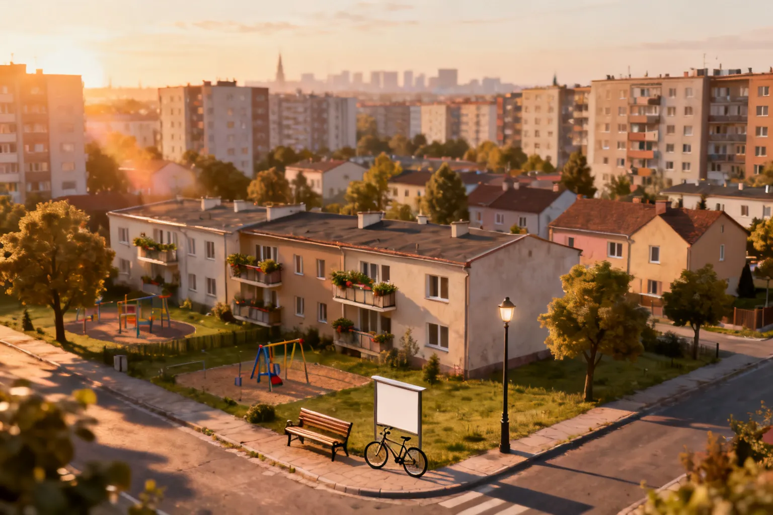 Widok osiedla w Lublinie o złotej godzinie: kameralne bloki i domy, drzewa, plac zabaw i zadbany zakątek z ławką i rowerem.
