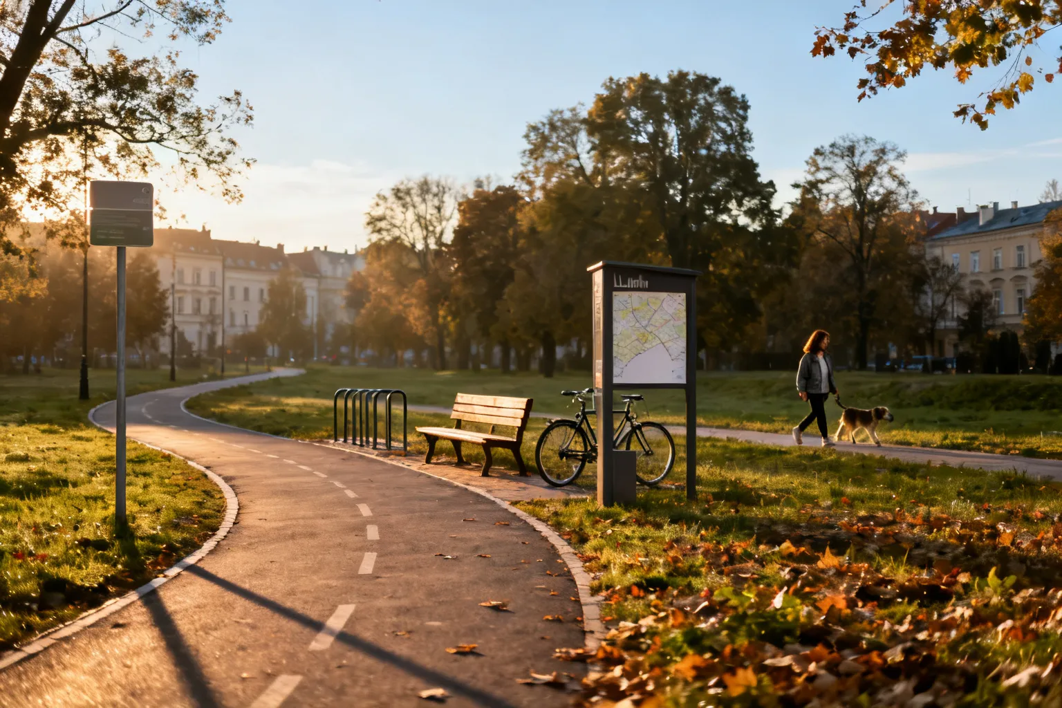 Słoneczna, zadbana ścieżka spacerowa w zielonym parku Lublina z ławką, stojakiem na rowery i spacerującą kobietą z psem.